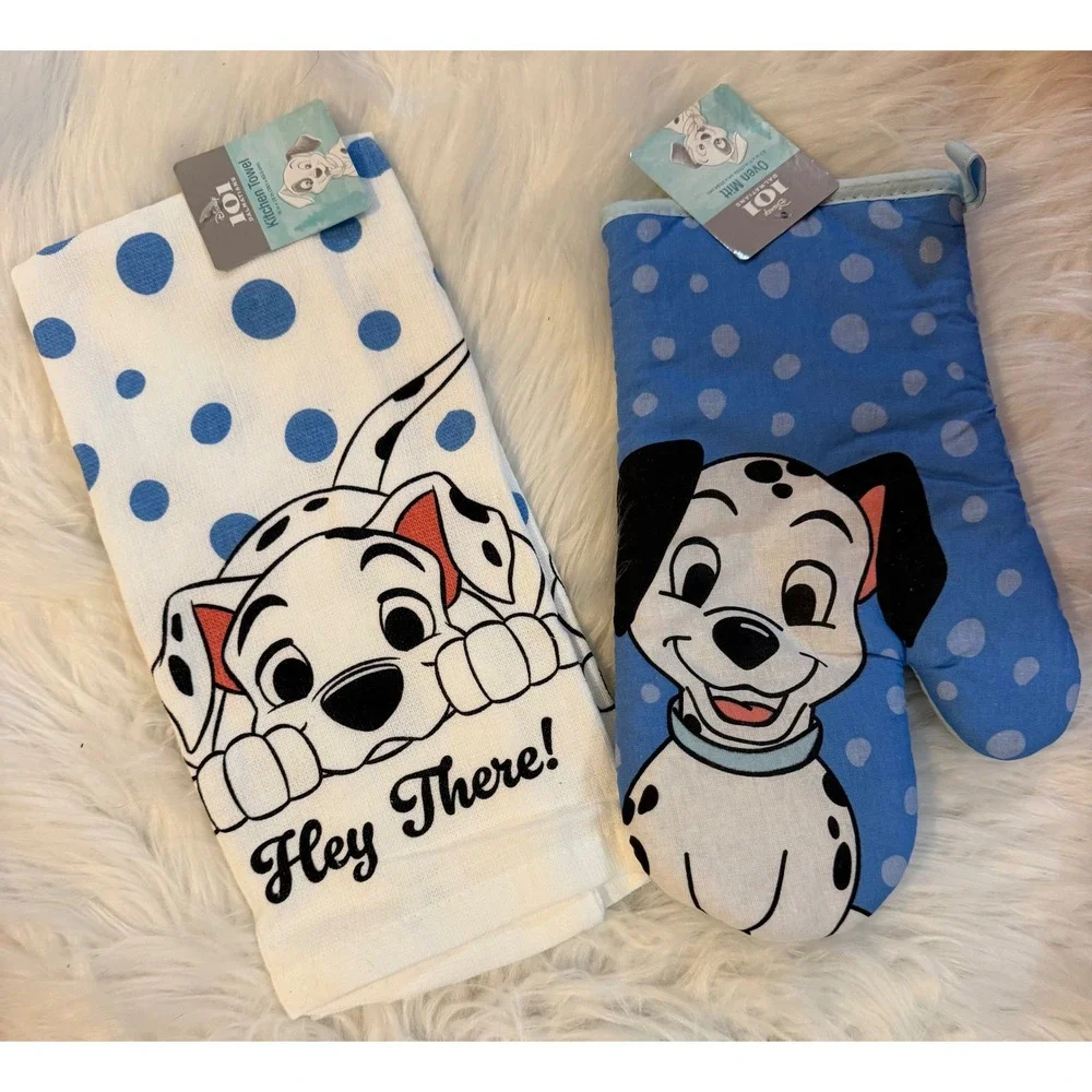 Disney 101 Dalmatians Kitchen Set New Towel and Oven Mitt Blue Polka Dot Puppy